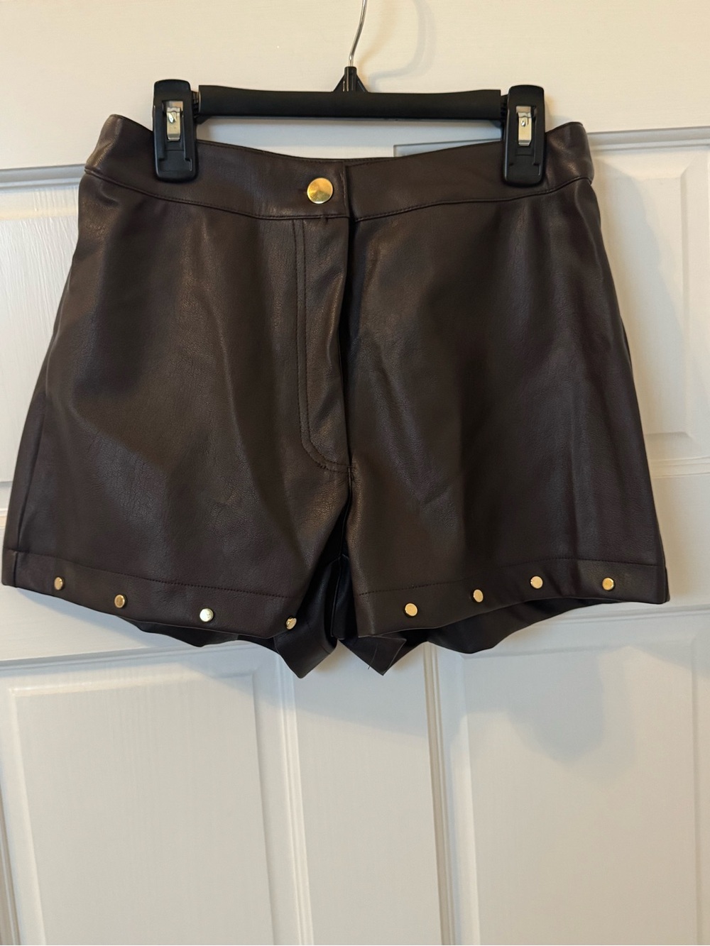 Sincerely Jules Chocolate Faux Leather High-Waist Shorts with Gold Studs - Small - Picture 4 of 5